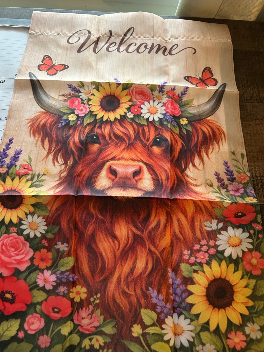 Welcome Floral Highland Cow Garden Flag - Orange Brown